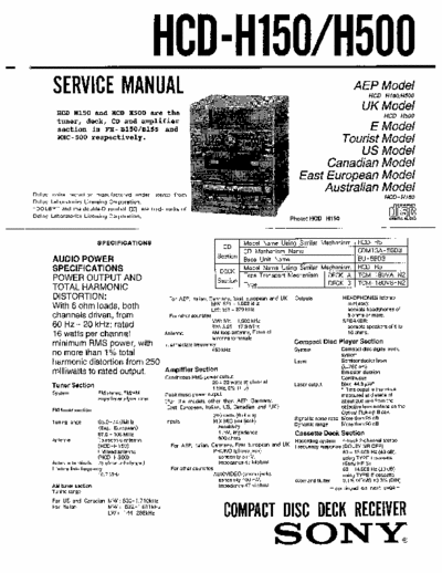 SONY HCD-H150 SONY HCD-H150, H500
COMPACT DISC DECK RECEIVER.
SERVICE MANUAL 
PART# (9-957-083-12)